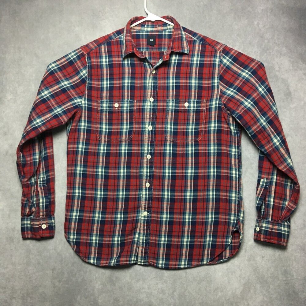Gap Mens Flannel Plaid Shirt size Medium Red Long Sleeve Button Up Pockets‎